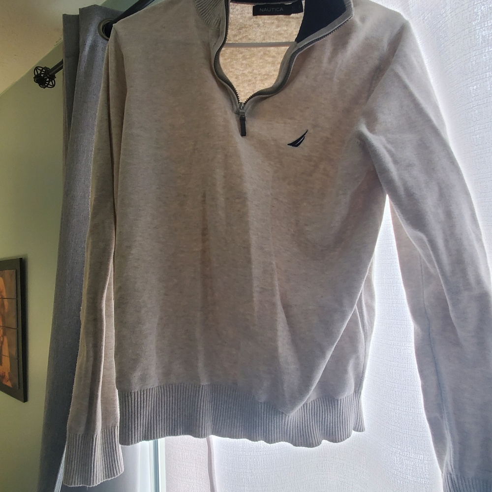 Nautica Sweater Quarter Zip Pullover Mens Samall Long Sleeve Grey Solid Casual.